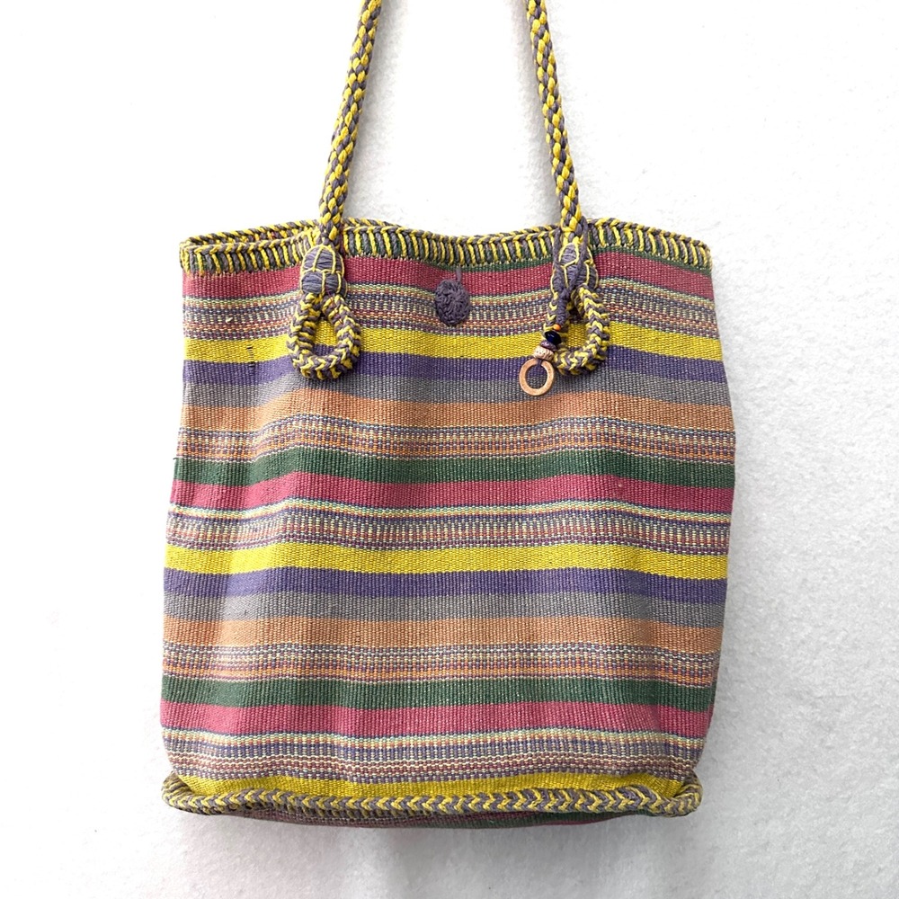 Catstudio Woven Striped Tote Bag Multi Color Boho Floral Lining Large Handbag